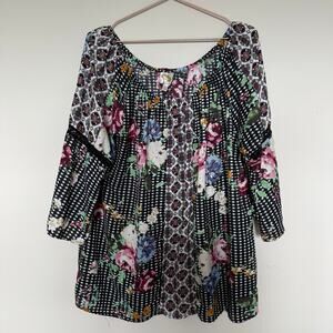 Fig and Flower Womens Top 2X Plus Colorful Boho Patchwork Modest Peasant Artsy